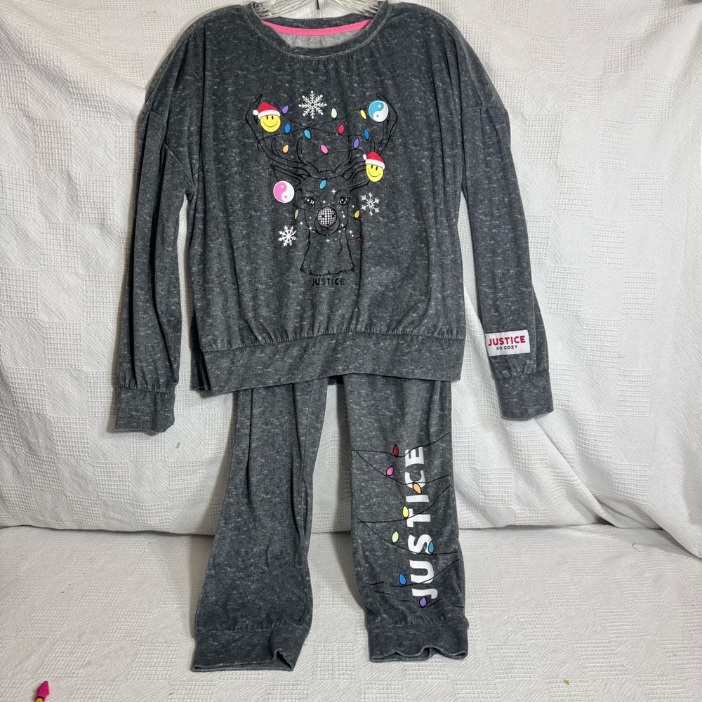 Justice‎ Gray Kids Pajamas with Colorful Accents Size XL (16-18) EUC Christmas